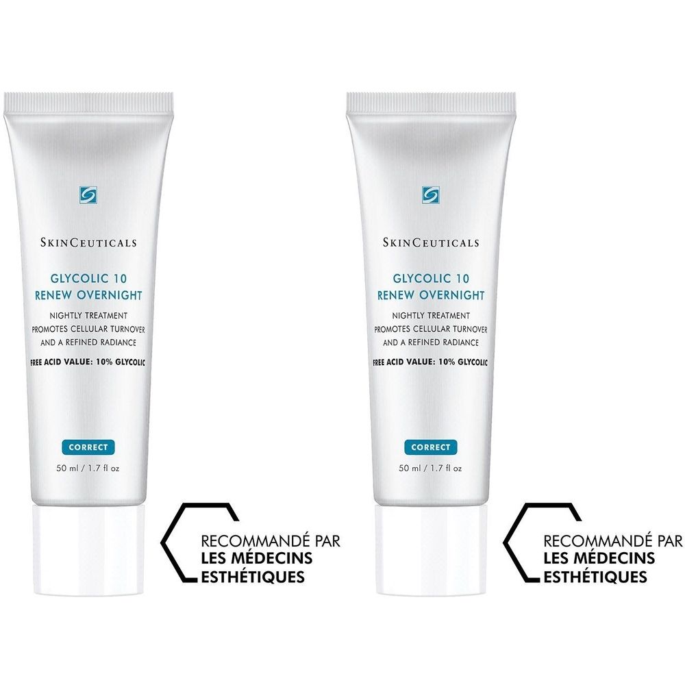 Twee witte tubes met witte doppen. Opschrift: Skinceuticals, Glycolic 10, Renew Overnight. Aanbevolen door esthetische artsen.