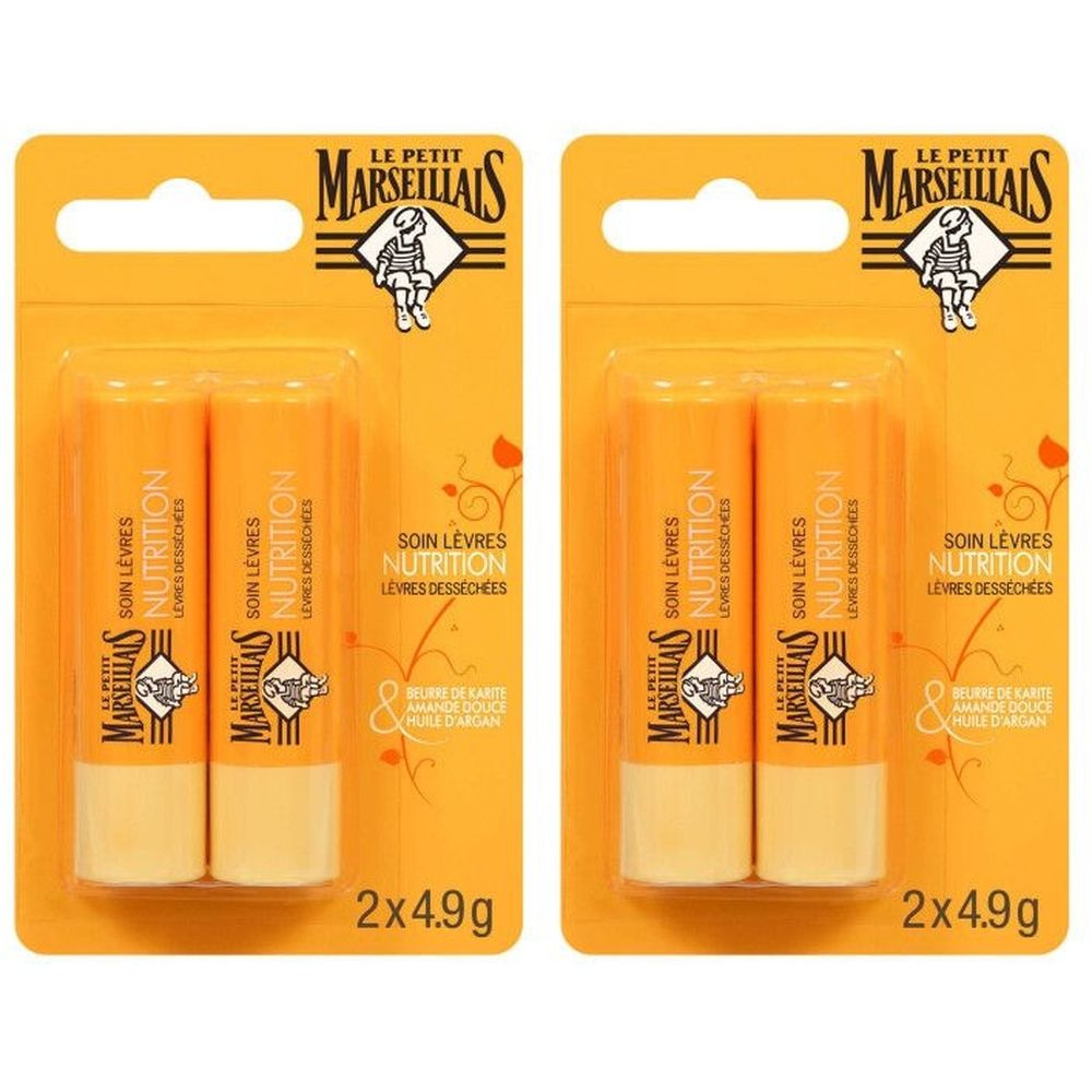 Deux sticks à lèvres dans un emballage orange. Inscription: Le Petit Marseillais, Soin Lèvres Nutrition, 2x4.9g.