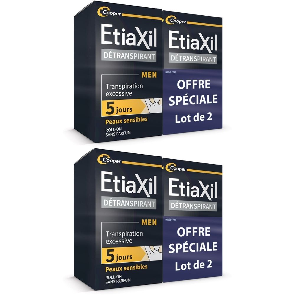 Twee rechthoekige verpakkingen. Opschrift: Etiaxil, Détranspirant, MEN, 5 dagen, Peaux sensibles, Lot de 2, Offre spéciale.