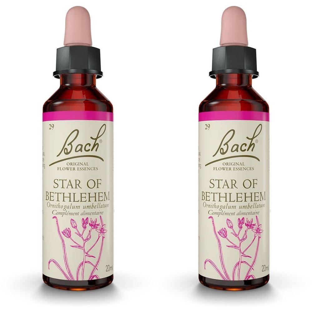 Deux flacons en verre brun avec bouchon rose. Étiquette avec texte: Bach Original Flower Essences, Star of Bethlehem. 20ml.