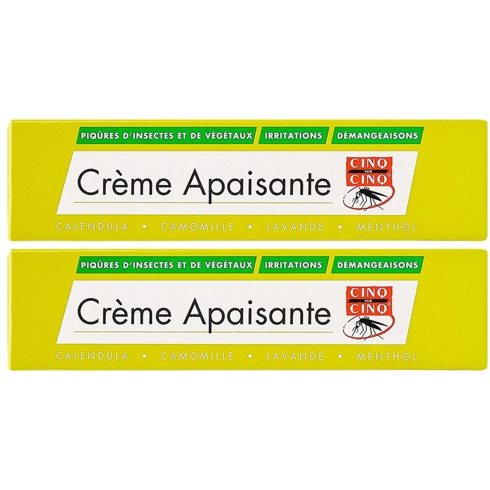 Deux boîtes jaunes avec "Crème Apaisante". Texte en français. Logo avec insecte. Inscription: Piqures d'insectes et de végétaux.