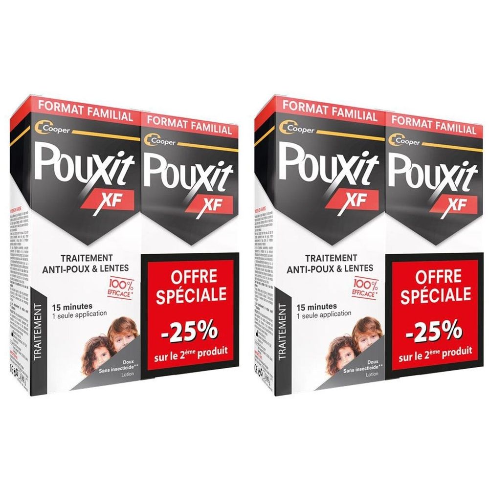 Deux boîtes Pouxit XF. Emballage noir avec texte rouge. Inscription: Traitement anti-poux et lentes. Offre spéciale -25% sur le 2ème produit.