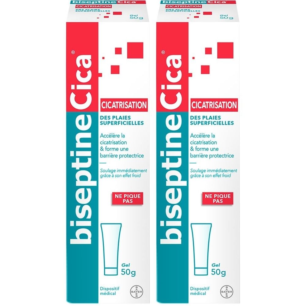 Twee tubes biseptine Cica. Tekst: Cicatrisation des Plaies Superficelles. Gel 50g. Medisch hulpmiddel.