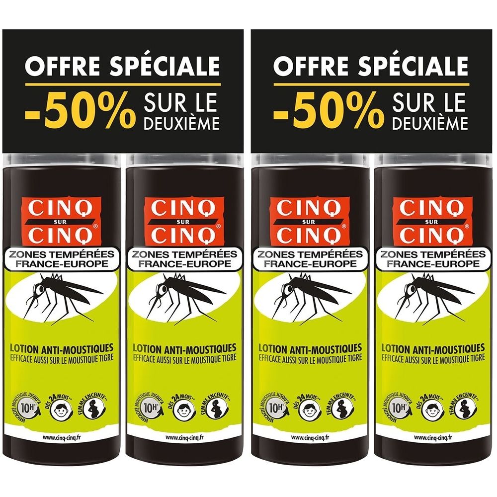Quatre flacons cylindriques. Bouchons noirs, étiquettes vertes avec insecte et texte. "Offre Spéciale -50%" au-dessus des flacons.