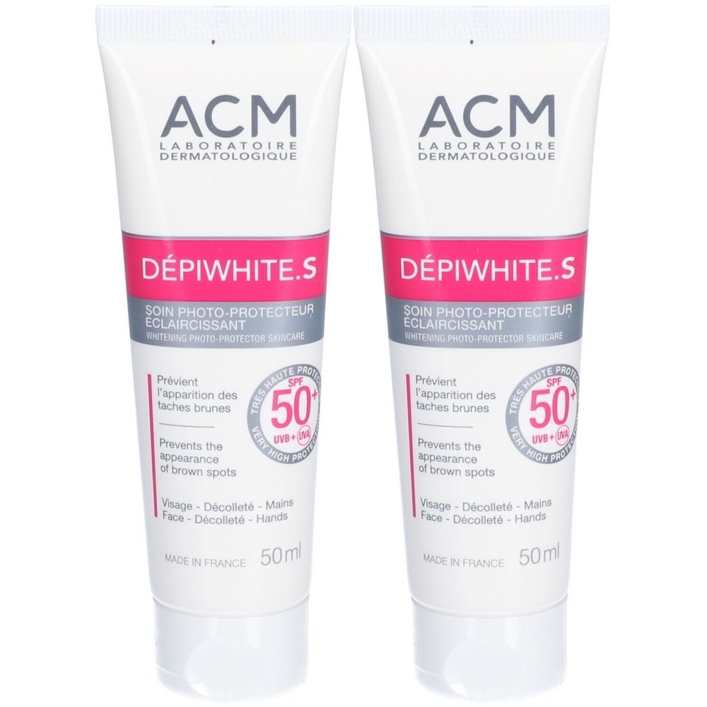 Twee tubes met witte tekst. Opschrift: ACM, Dépiwhite.S, SPF 50+. Voorkomt bruine vlekken. 50ml.