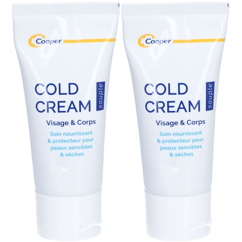 Deux tubes blancs. Inscription: COLD CREAM, Visage & Corps, Soin nourrissant & protecteur pour peaux sensibles & sèches. Marque Cooper.