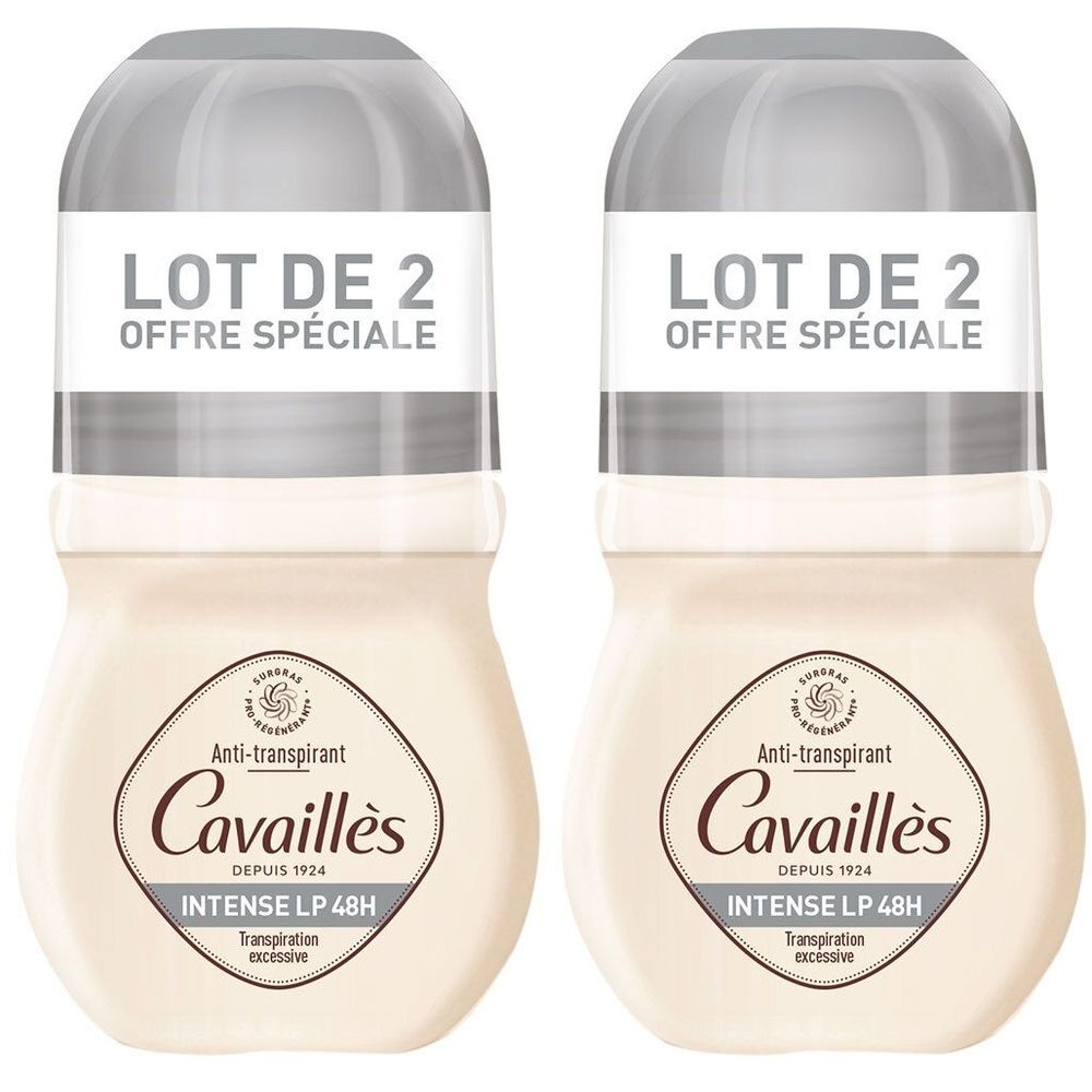 Twee roll-on deodorants. Opschrift LOT DE 2, OFFRE SPÉCIALE. Merk Cavaillès, INTENSE LP 48H.