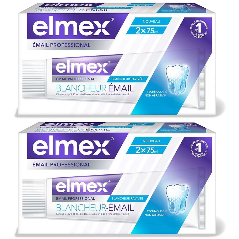 Deux boîtes de Elmex Email Professional Blancheur Duo. Tubes blancs dans des boîtes avec des accents violets. Texte: Email Professional, Blancheur-Email.