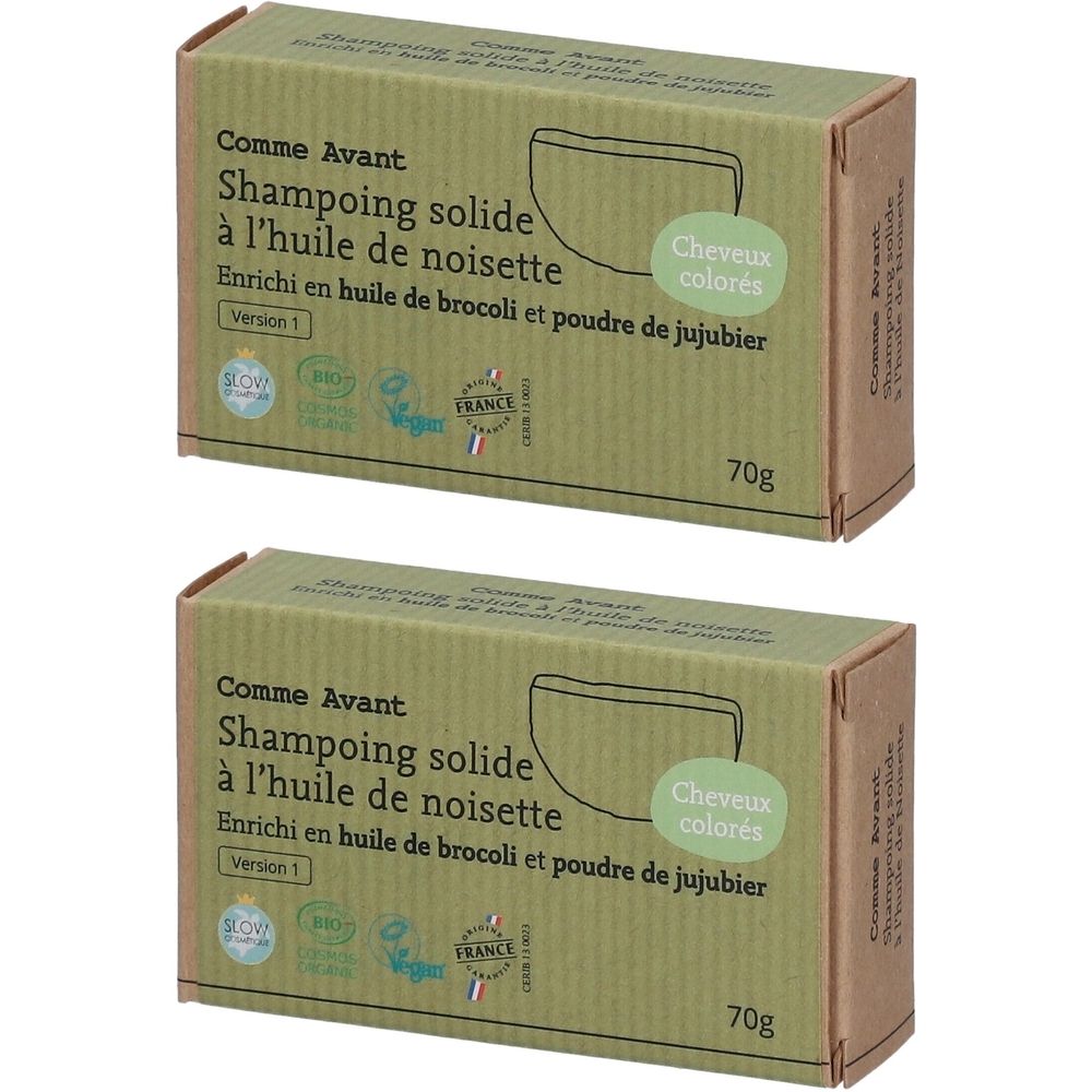 Deux boîtes vertes "Comme Avant Shampoing solide". Texte : "Cheveux colorés", "70g". Logo "France".
