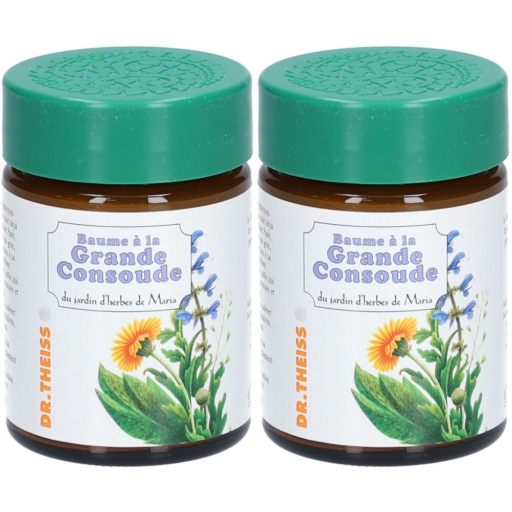 Twee potten met groene deksels. Het etiket toont "Baume à la Grande Consoude" en "DR.THEISS".