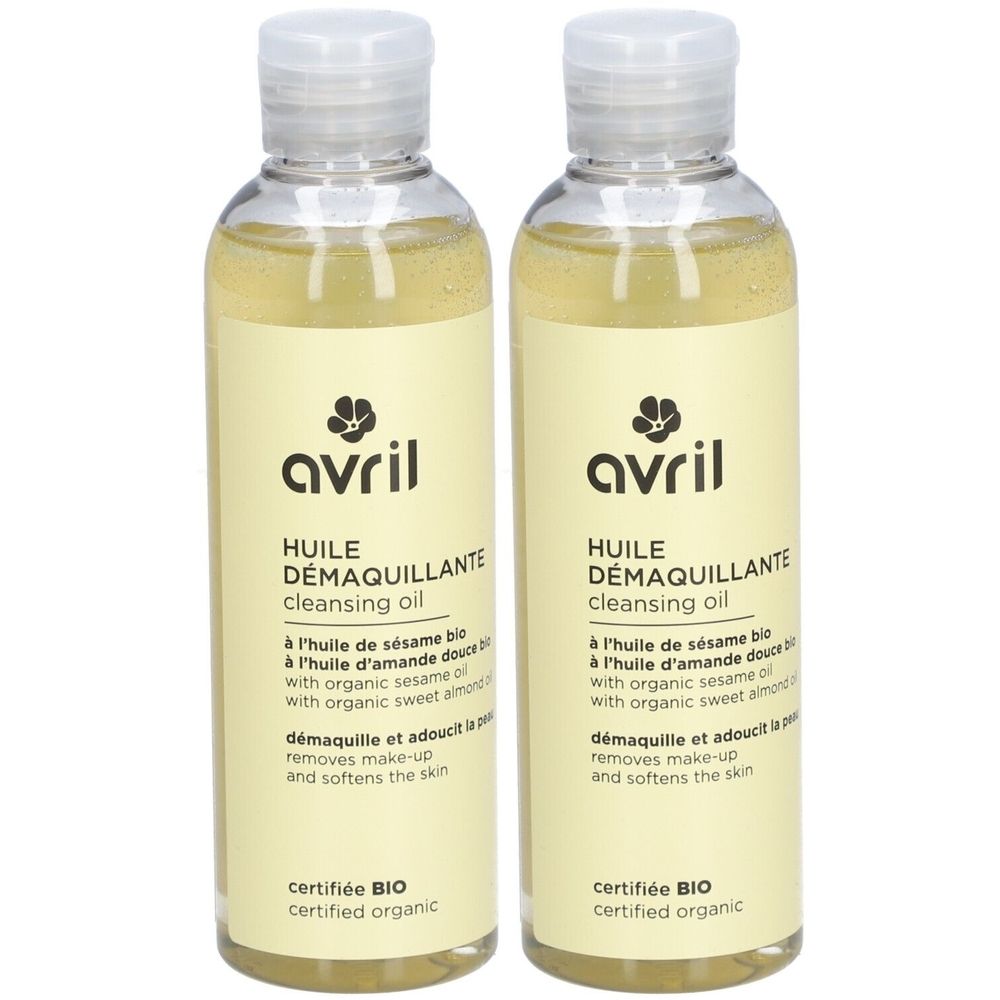 Twee flessen Avril Huile démaquillante. Opschrift: HUILE DÉMAQUILLANTE cleansing oil. Gecertificeerd BIO.