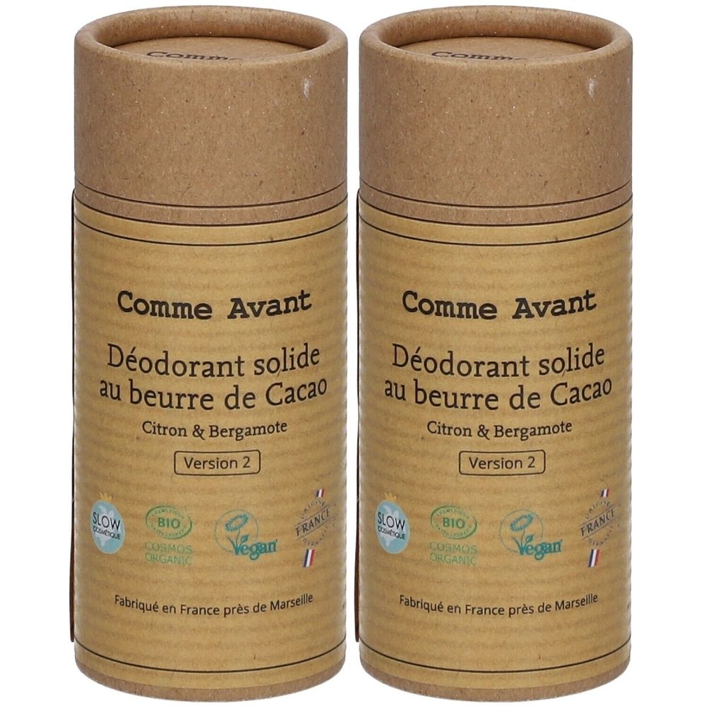 Twee cilindrische kokers met opschrift Comme Avant, Deodorant solide, Citroen & Bergamot. Bio- en Vegan-keurmerk.