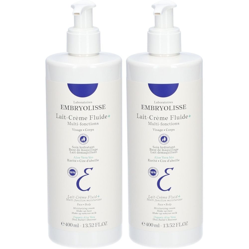 Twee witte flessen met pomp. Opschrift: EMBRYOLISSE Lait-Crème Fluide+ Multi-fonctions. Blauwe accenten en tekst.