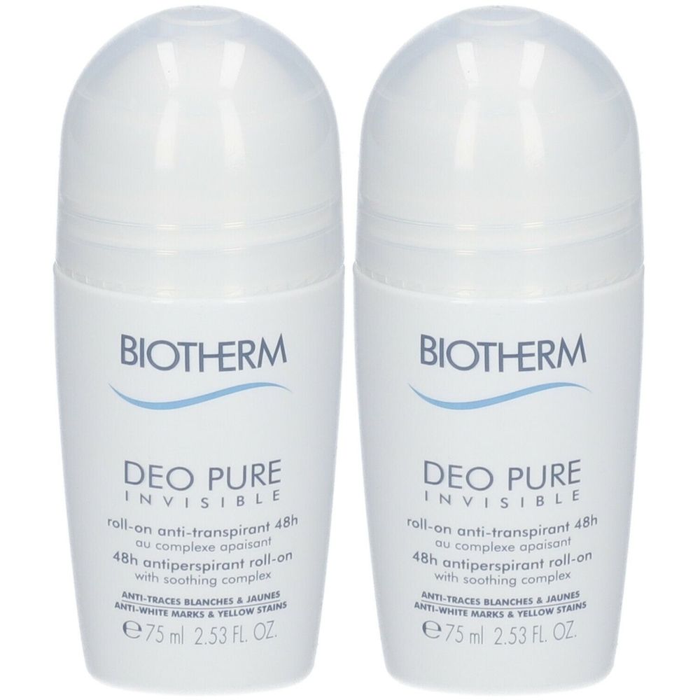 Twee witte roll-on deodorants van BIOTHERM. Opschrift: DEO PURE INVISIBLE, 48h anti-transpirant. Met verzachtend complex. 75 ml.