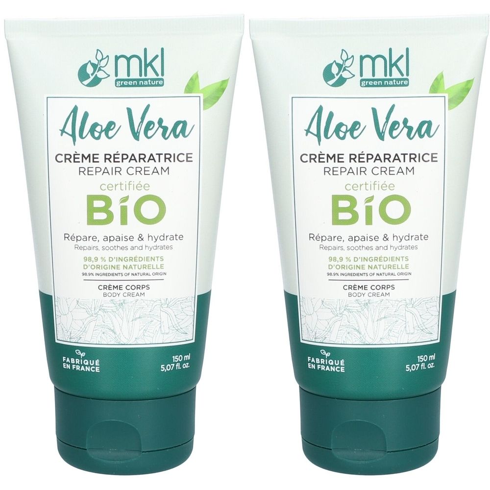 Deux tubes de crème réparatrice à l'Aloe Vera, certifiée BIO. Inscription : Crème Réparatrice, 98,9% d'ingrédients d'origine naturelle.