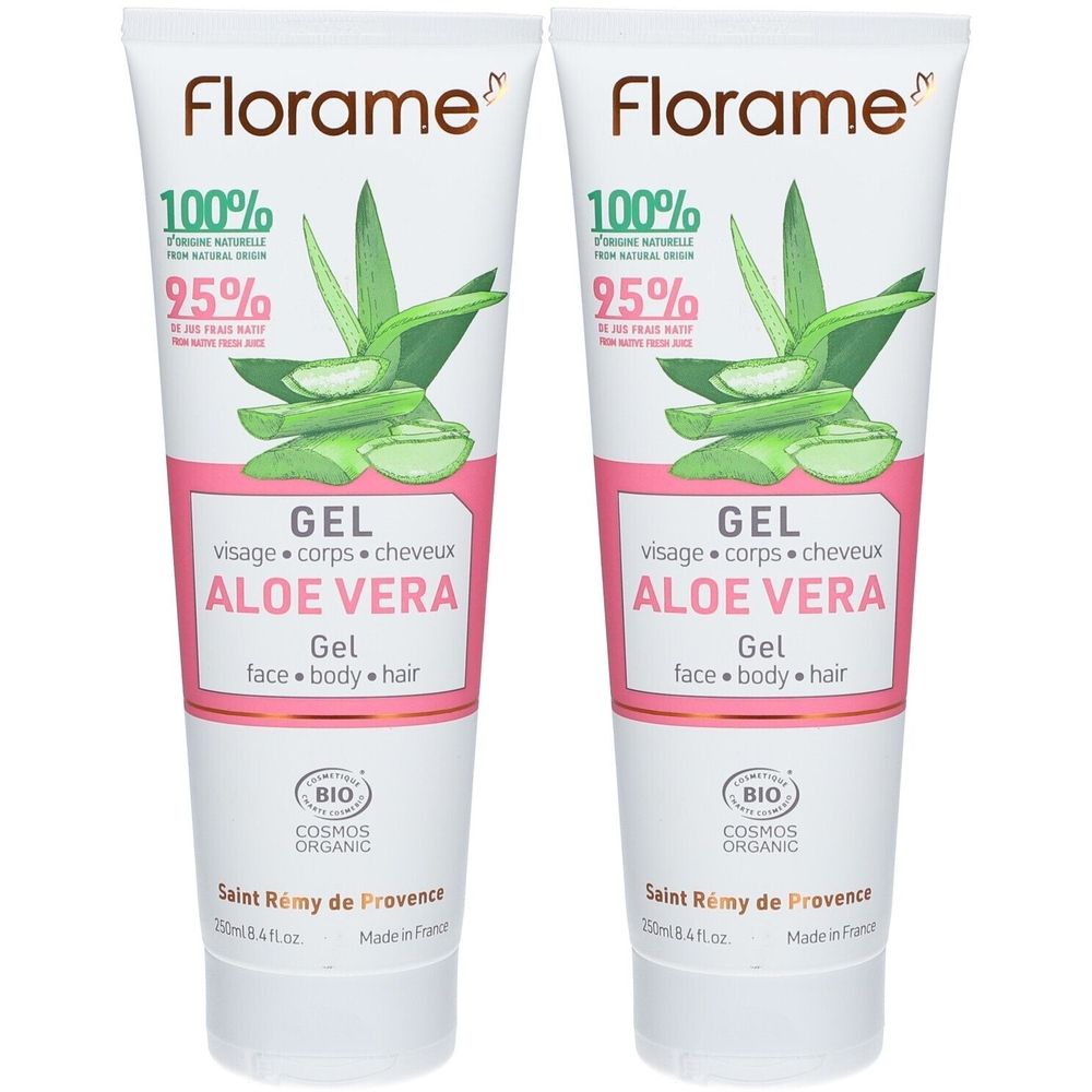 Twee tubes Florame Aloë Vera Gel. Witte tubes met roze accenten en illustraties van aloë vera. Tekst: Gel, gezicht, lichaam, haar.
