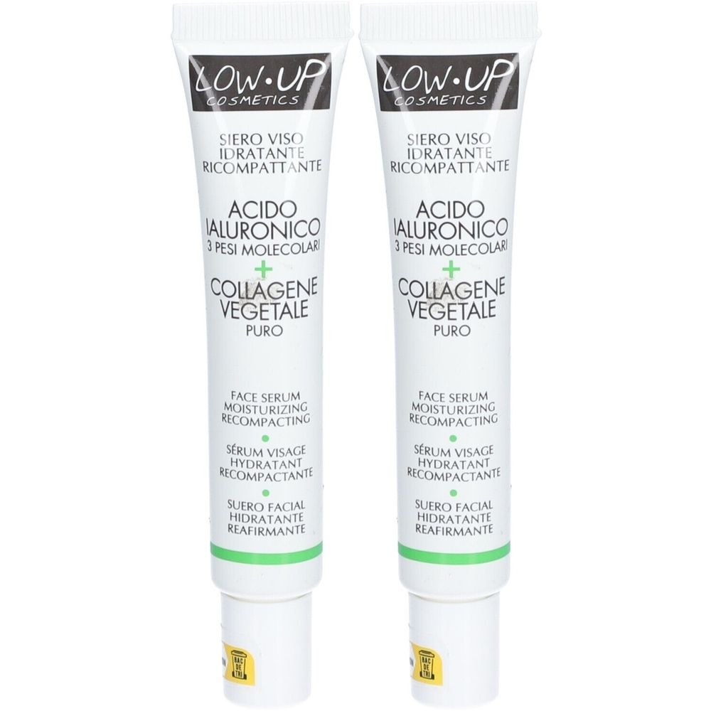 Deux tubes de sérum visage LOW-UP. Blanc, texte noir. Contient acide hyaluronique et collagène végétal. Textes en italien, français et espagnol.