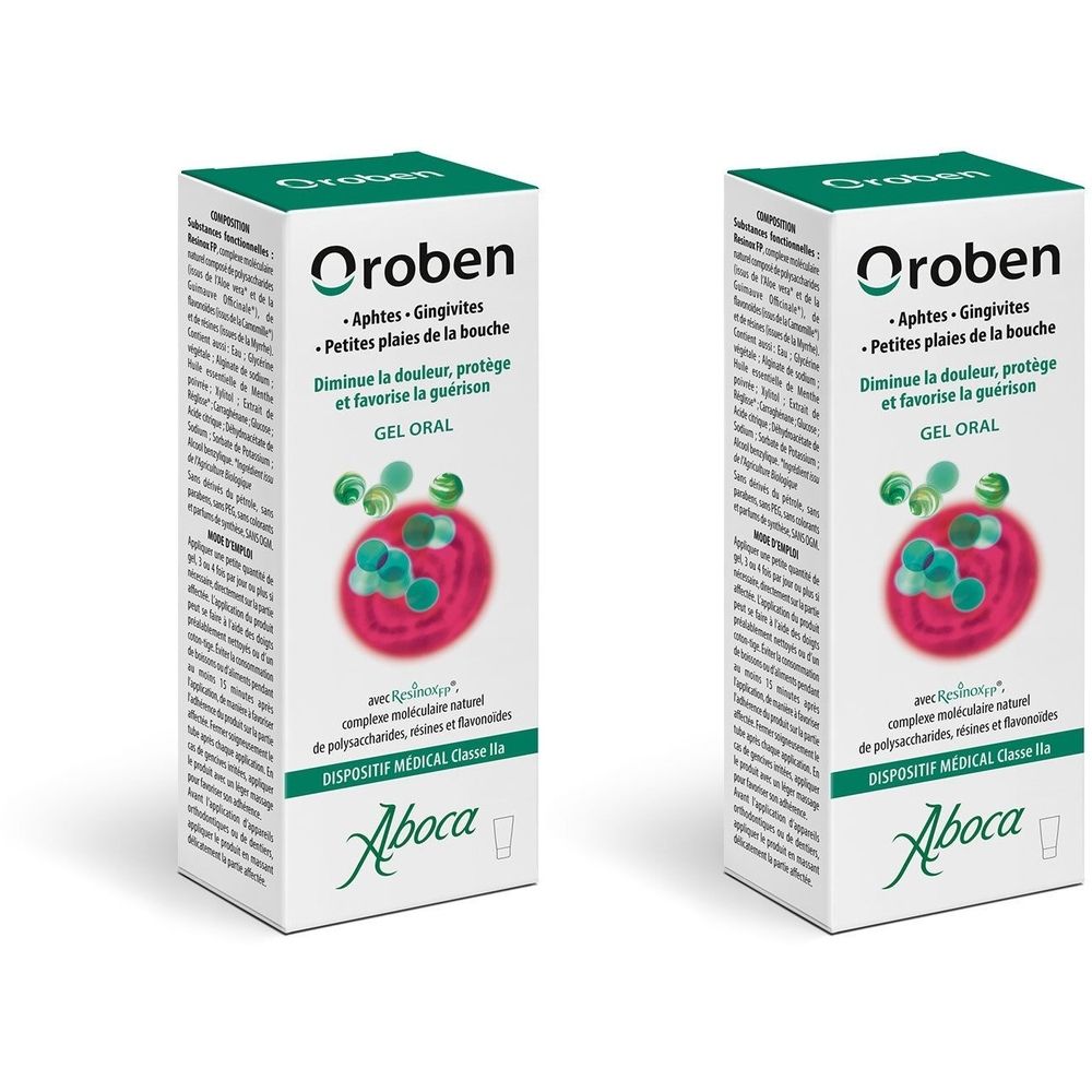 Twee witte dozen met groene en rode afbeeldingen. Opschrift: Oroben, GEL ORAL. Aboca-logo onderaan.