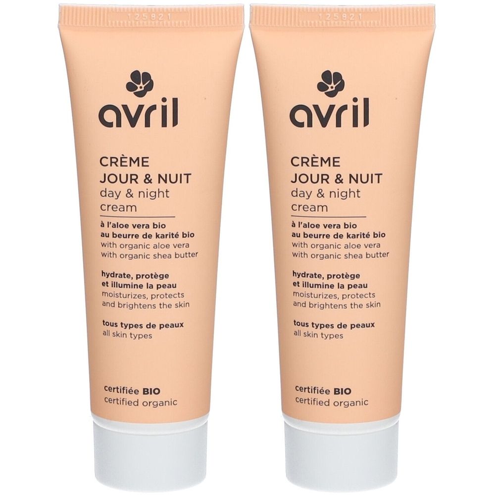 Twee tubes Avril Crème Jour & Nuit, gecertificeerd BIO. Met aloë vera en shea butter. Voor alle huidtypes.