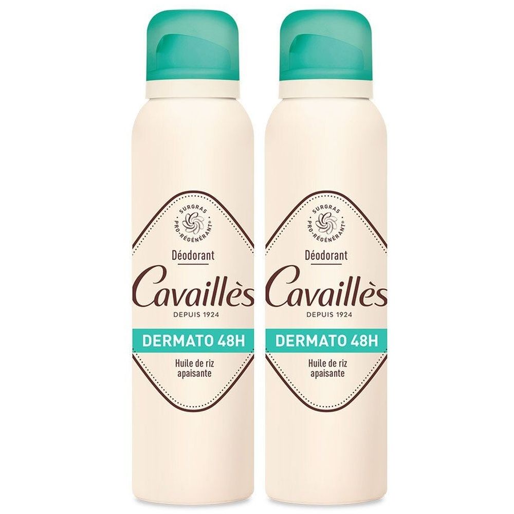 Deux déodorants spray. Capuchons turquoise. Inscription: Cavaillès Déodorant Dermato 48H. Huile de riz apaisante.
