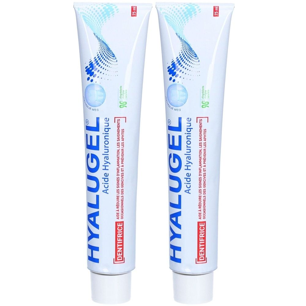 Deux tubes de dentifrice blancs. Inscriptions bleues et rouges: HYALUGEL, Acide Hyaluronique, Dentifrice. 96%.