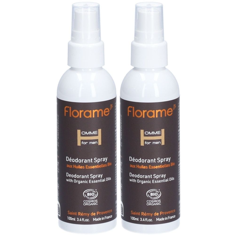 Deux flacons spray blancs. Inscription : Florame, Homme for men, Déodorant Spray, avec certification bio. Étiquettes marron.