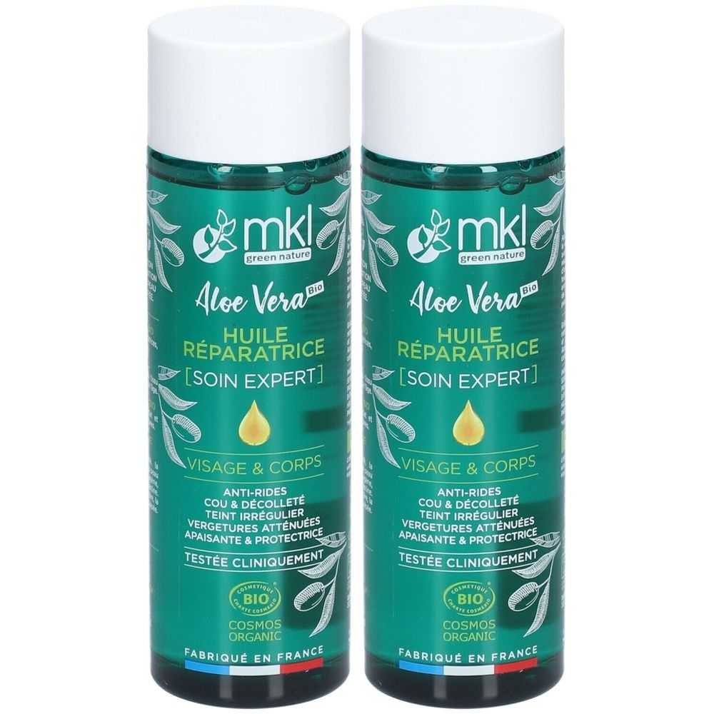 Twee flessen mkl Aloe Vera olie. Groen-witte etiketten met productinformatie en Bio-certificering. Gemaakt in Frankrijk.