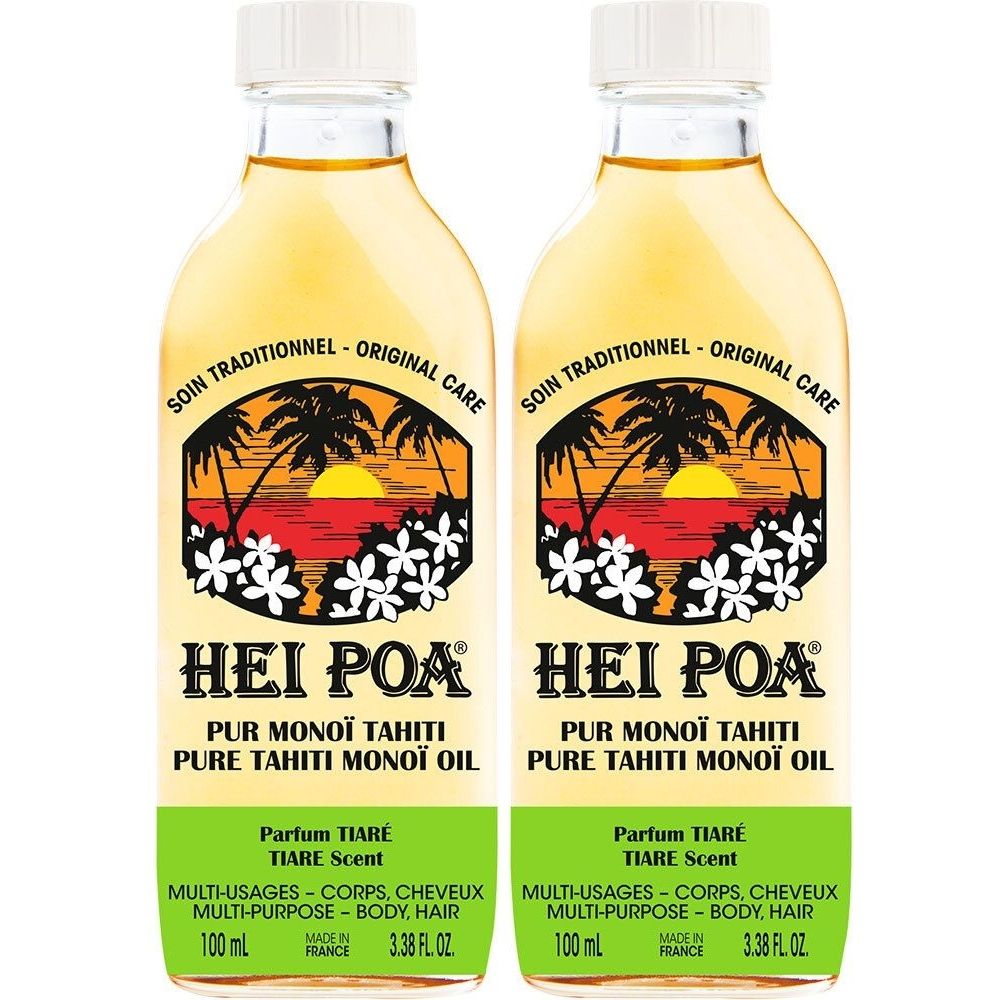 Twee flessen HEI POA Pur Monoï Tahiti olie. Labels met palmbomen, zonsondergang en bloemen. Tekst: Parfum Tiaré, Multi-Usages, 100 ml.