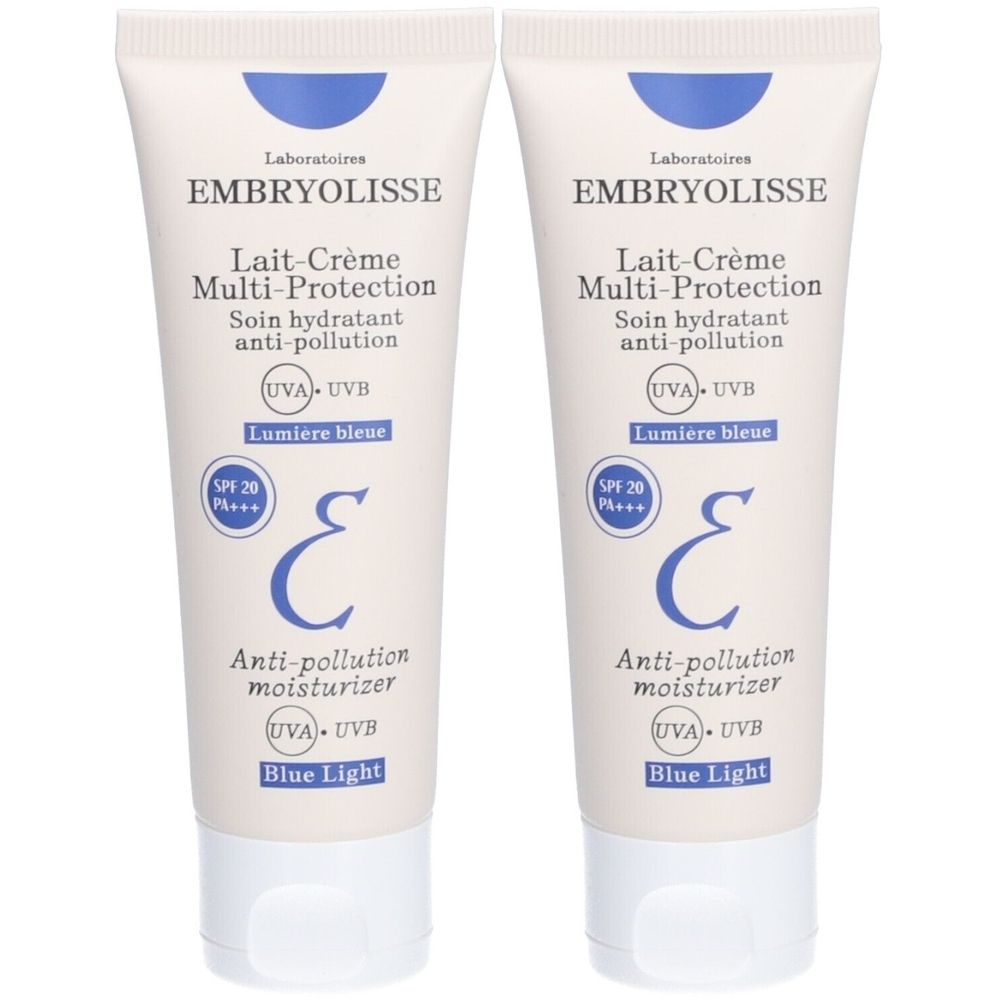 Twee tubes Embryolisse Lait-Crème Multi-Protection. Witte tubes met blauwe tekst en logo. Bevat SPF 20 en anti-vervuiling.