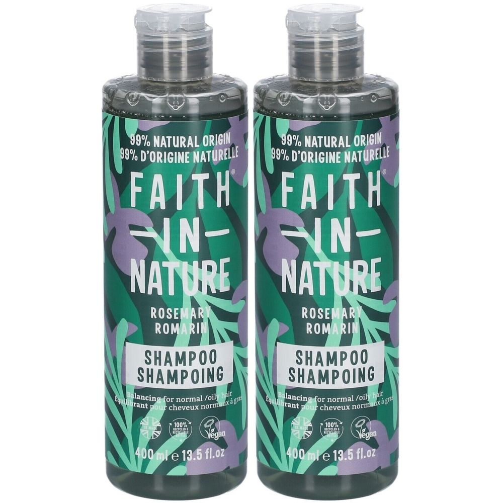 Deux flacons de shampoing. Étiquette verte avec FAITH IN NATURE, ROSEMARY, SHAMPOO. 99% d'origine naturelle. Vegan.