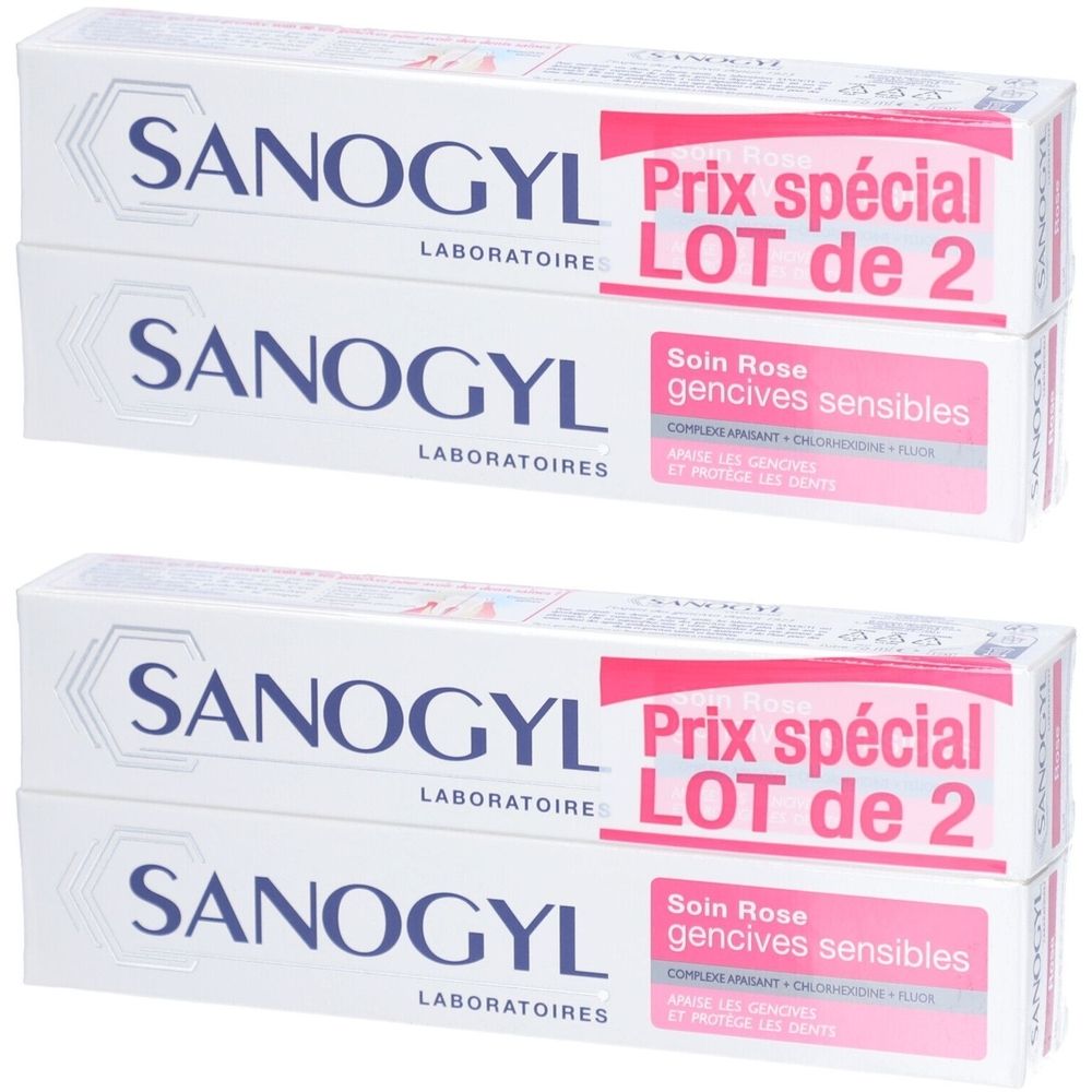 Verpakking witte tandpastatubes met roze accenten. Opschrift: SANOGYL, LOT de 2, Soin Rose gencives sensibles.