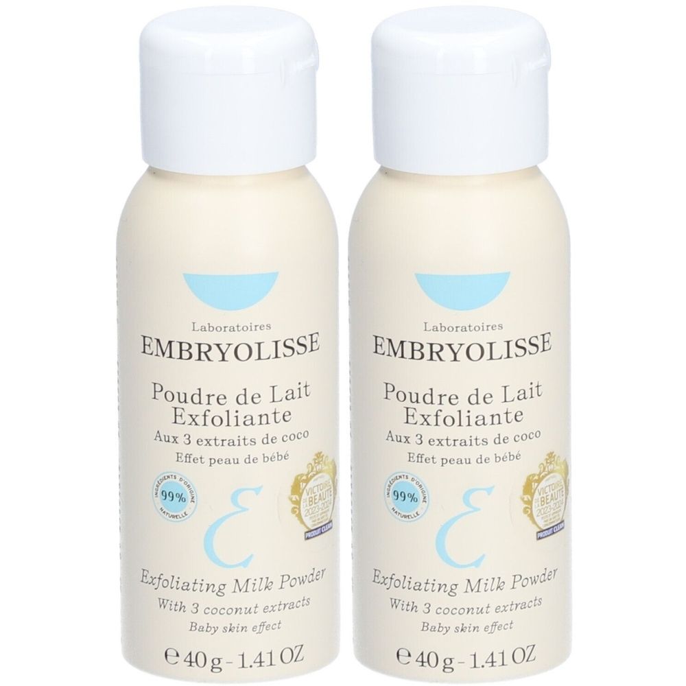 Twee flessen Embryolisse Poudre de Lait Exfoliante. Witte flessen met witte dop. Productnaam en details gedrukt.