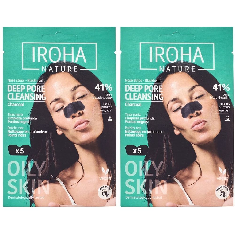 Twee verpakkingen neusreinigingsstrips. Elke verpakking toont een vrouw met een zwarte strip op haar neus.