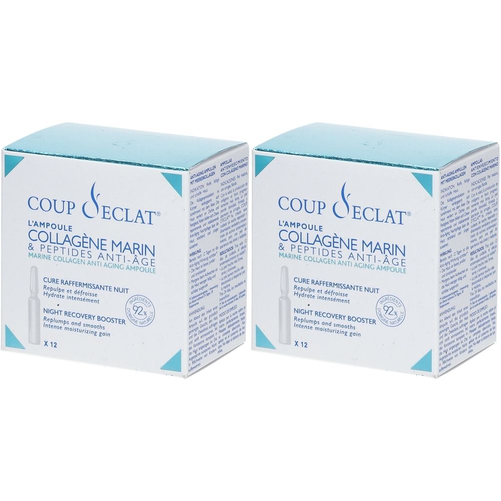 Twee vierkante dozen met productopdruk. Opschrift: Coup d'Éclat, L'Ampoule, Collagène Marin & Peptides Anti-Age. Blauw en witte verpakking.