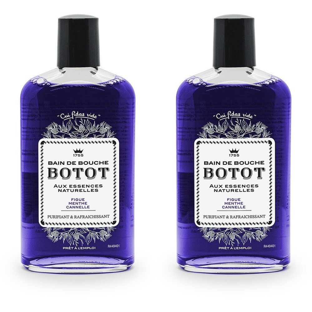 Twee flessen BOTOT Bain de bouche. Paarse vloeistof, zwarte dop. Wit etiket met tekst: AUX ESSENCES NATURELLES, FIQUE MENTHE CANNELLE.