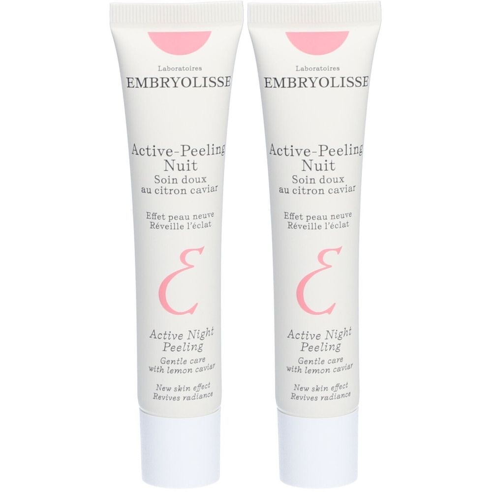 Deux tubes de Active-Peeling Nuit. Tubes blancs avec accents roses et texte. Contient des informations sur les ingrédients et la marque Embryolisse.