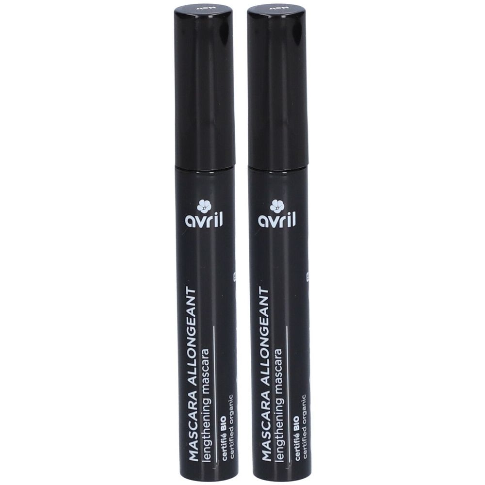 Twee zwarte mascaratubes. Opschrift: Avril, MASCARA ALLONGEANT, lengthening mascara, certifié BIO, certified organic.