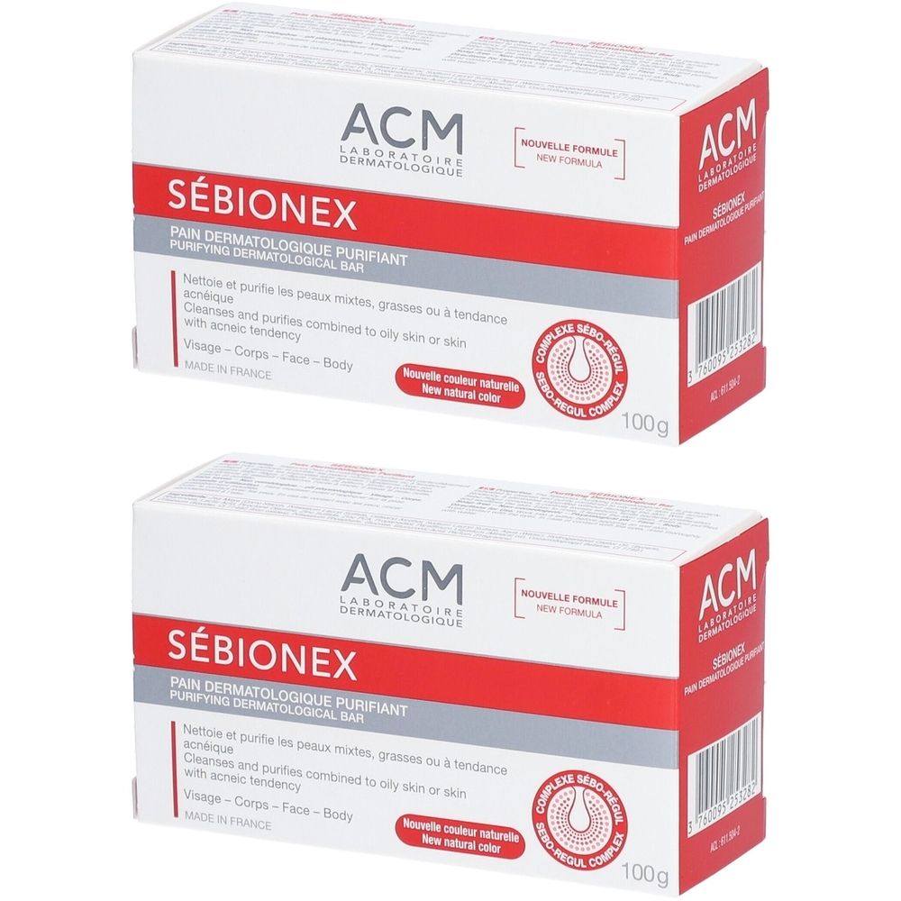 Deux boîtes rectangulaires. Inscription : ACM Sébionex Pain dermatologique purifiant. Emballage rouge et blanc. 100g.