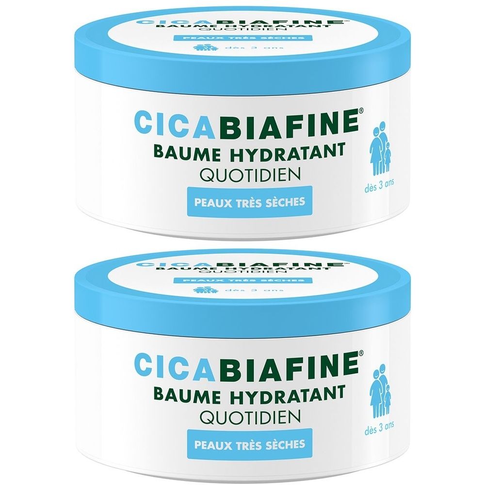 Deux pots de Cicabiafine Baume Hydratant Quotidien. Récipient blanc, couvercle bleu. Texte: BAUME HYDRATANT QUOTIDIEN, PEAUX TRÈS SÈCHES.