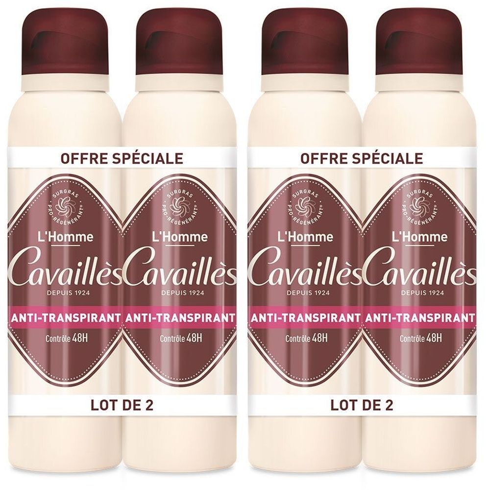 Vier sprays. Crèmekleurige flessen met bruine doppen. Opschrift: L'Homme Cavaillès, Anti-transpirant, Lot de 2, Offre Spéciale.
