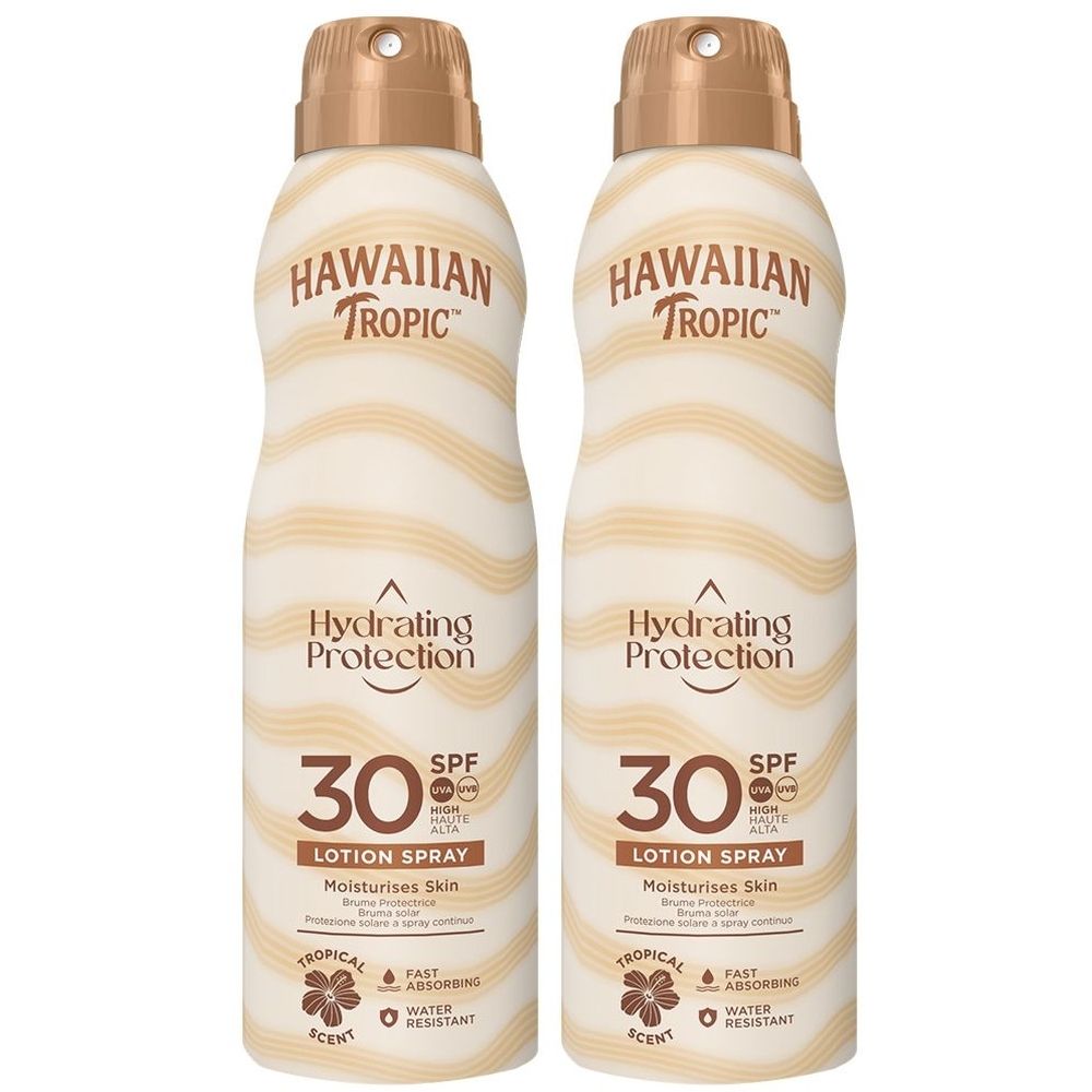 Twee zonnebrandsprays. Opschrift: HAWAIIAN TROPIC, Hydrating Protection, SPF 30. Beige en bruine golfpatronen.
