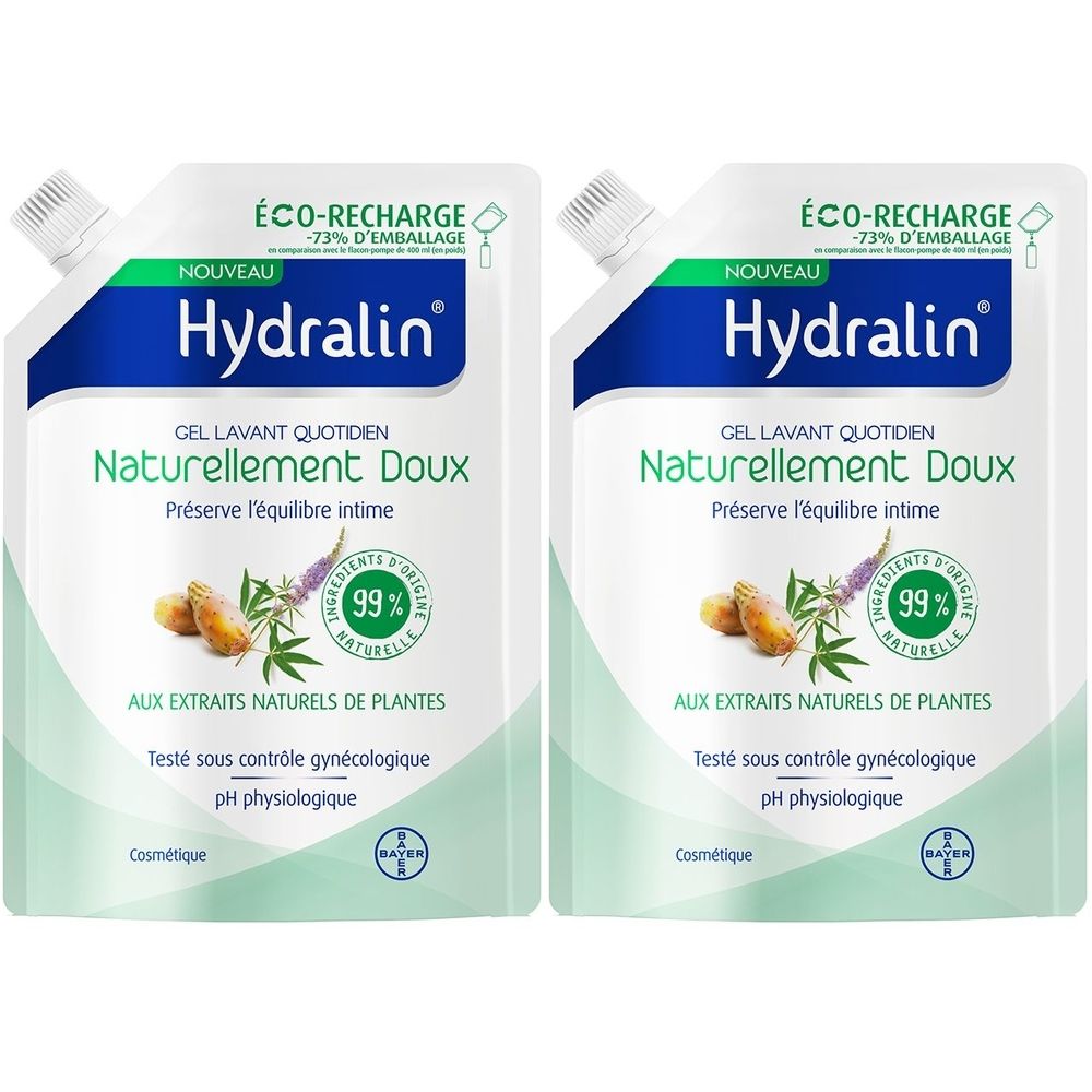 Twee navulverpakkingen Hydralin Naturellement Doux. 99% natuurlijke ingrediënten. Gynaecologisch getest. Eco-navulverpakking.
