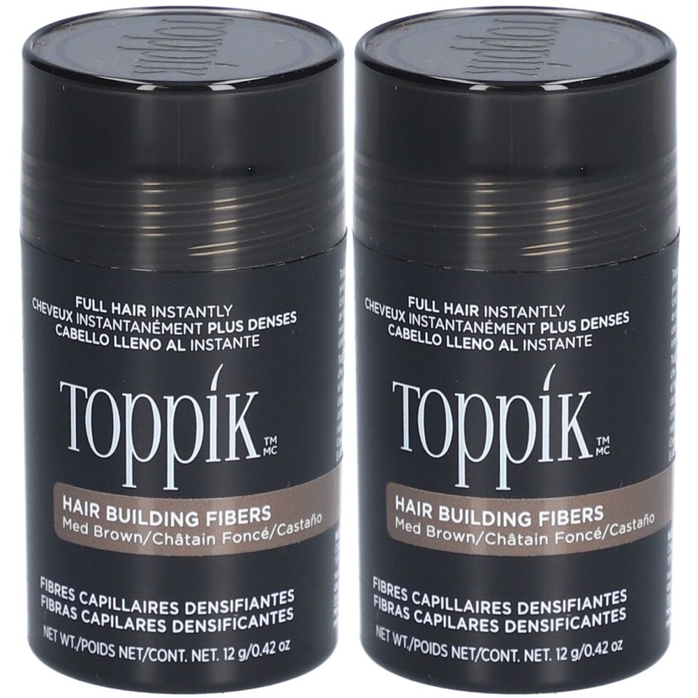 Deux flacons cylindriques noirs "Toppik". Texte: "Hair Building Fibers", couleur brun moyen/châtain foncé. Inscription en plusieurs langues.