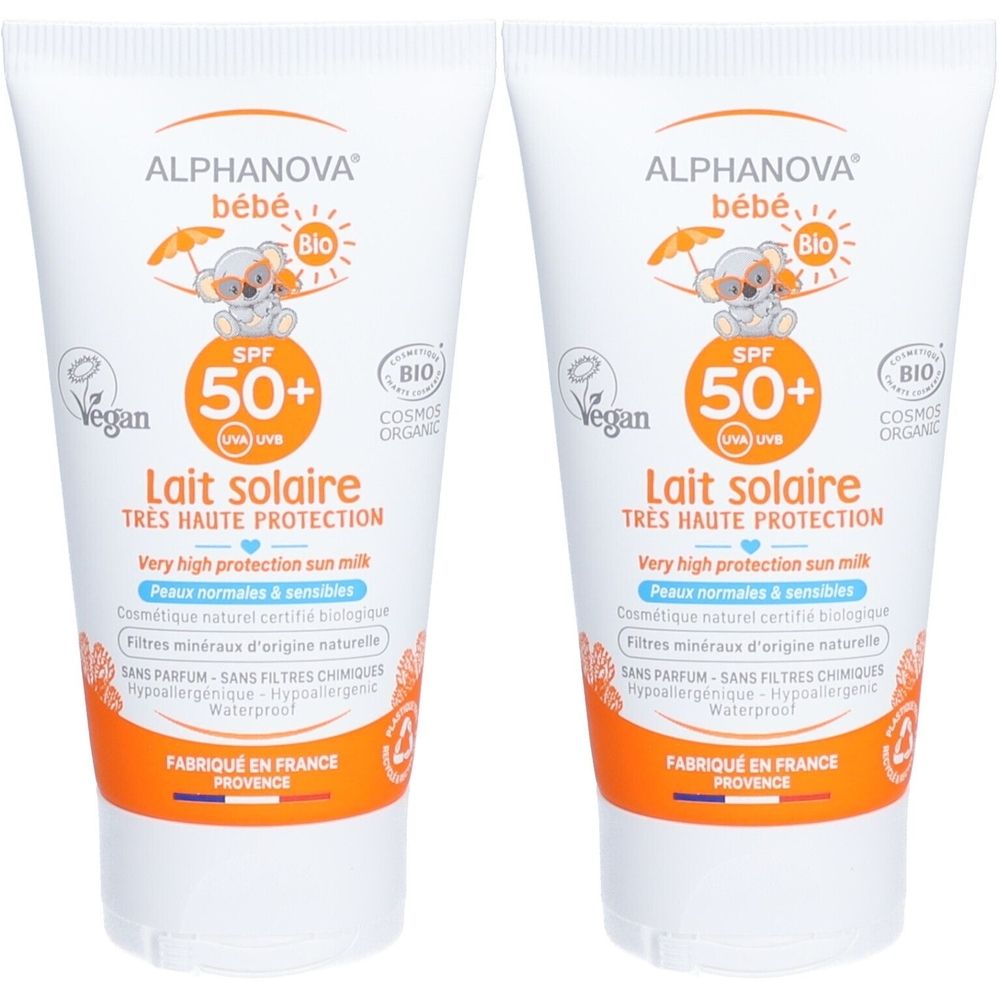 Deux tubes de lait solaire. Inscription: ALPHANOVA bébé, SPF 50+, Lait solaire, très haute protection. Certifié bio, vegan.