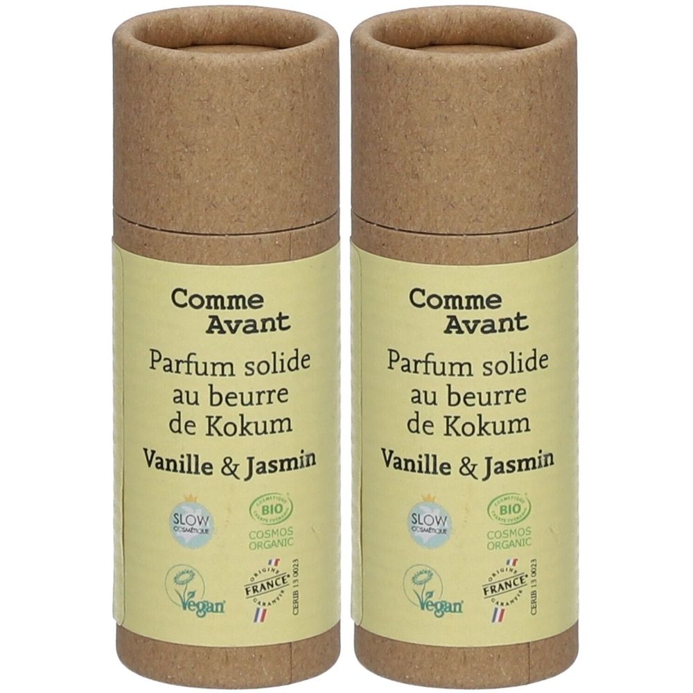 Twee cilindrische verpakkingen met Comme Avant, Parfum solide, Vanille & Jasmin. Bio-certificering en Vegan-keurmerk.