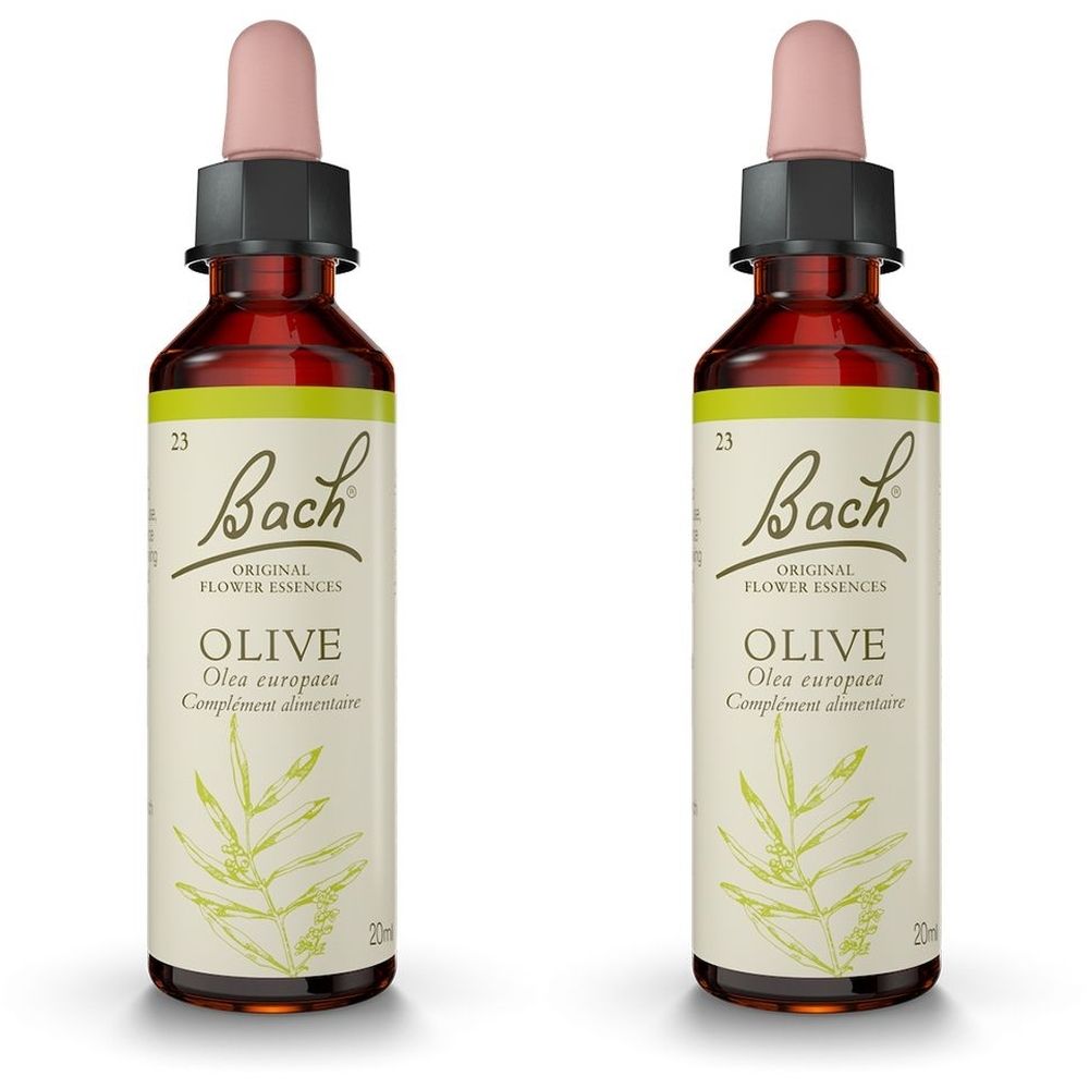 Deux flacons en verre brun avec pipettes. Étiquettes : "Bach Original Flower Essences Olive".