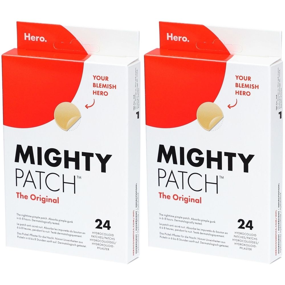 Deux boîtes de Mighty Patch Original. Emballage blanc avec accent rouge et logo du produit. Contient 24 patchs.