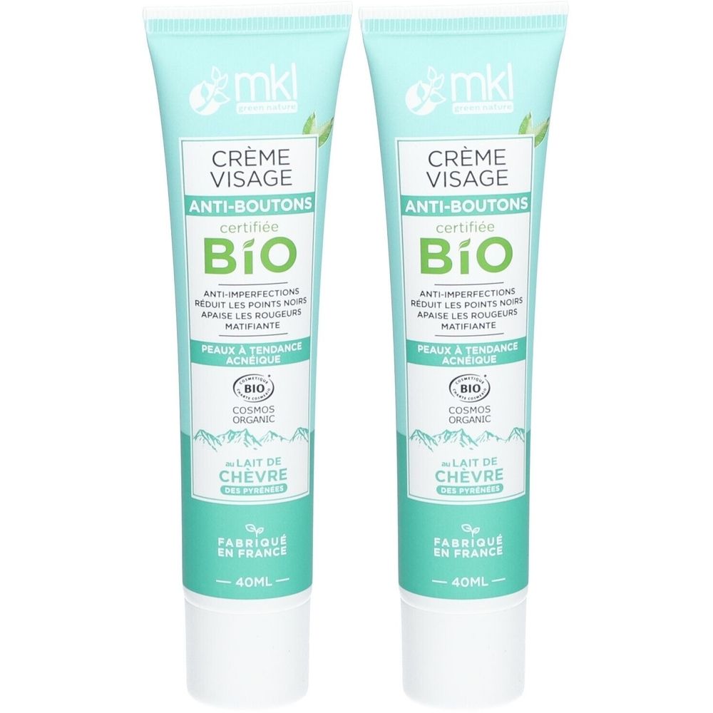 Deux tubes de crème. Inscription: CRÈME VISAGE ANTI-BOUTONS, certification BIO, anti-imperfections, lait de chèvre, fabriqué en France.