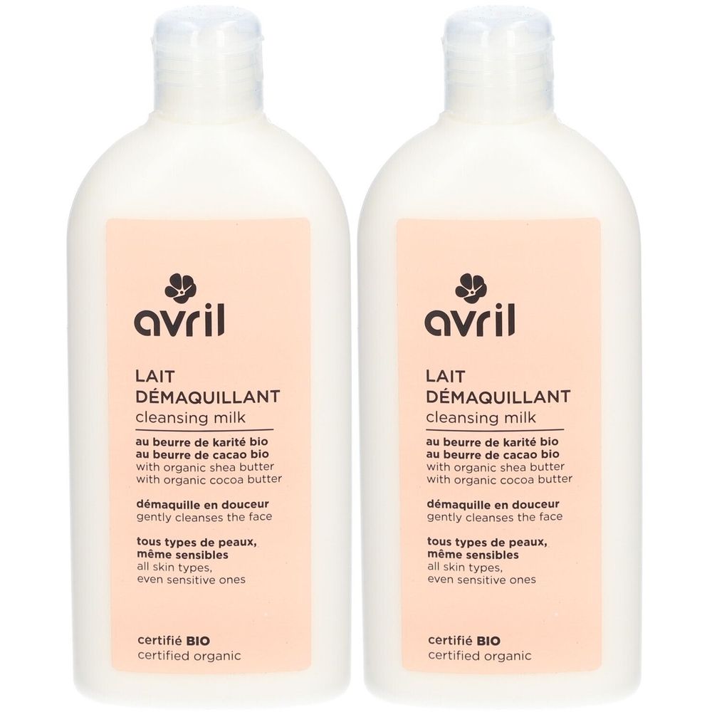 Deux flacons de Lait Démaquillant Avril. Flacons blancs avec étiquette rose. Inscription : Lait Démaquillant, certifié BIO.