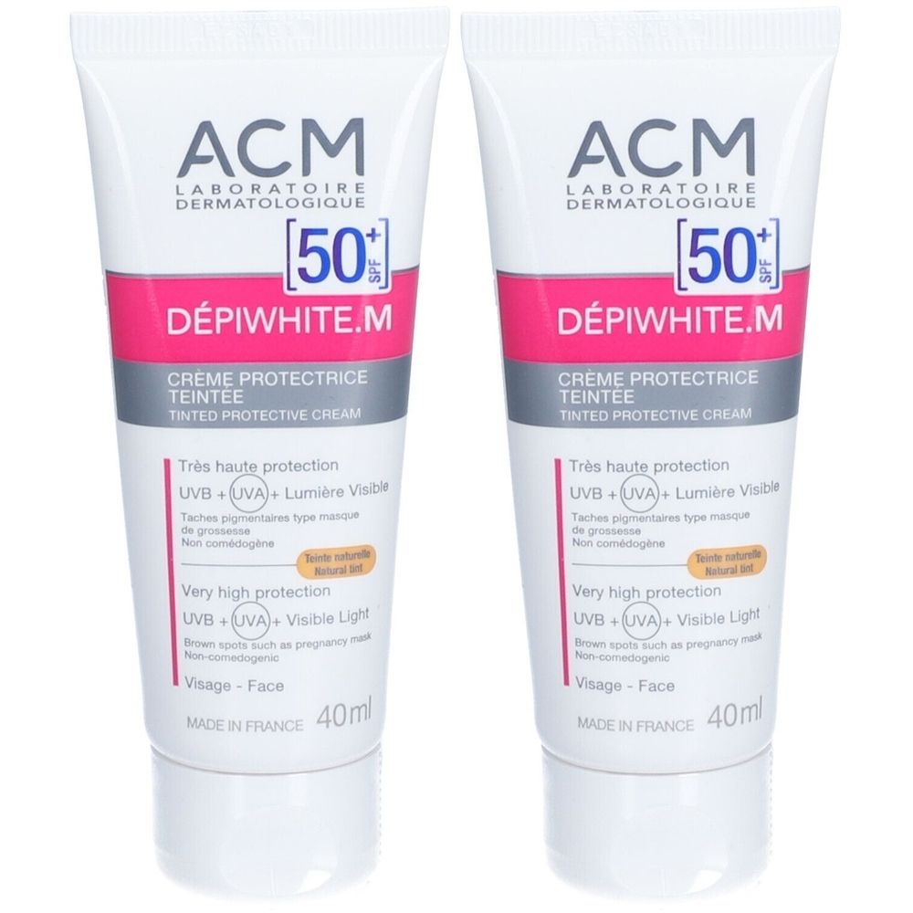 Deux tubes de crème ACM DÉPIWHITE.M SPF 50+. Crème protectrice teintée pour le visage, 40ml.